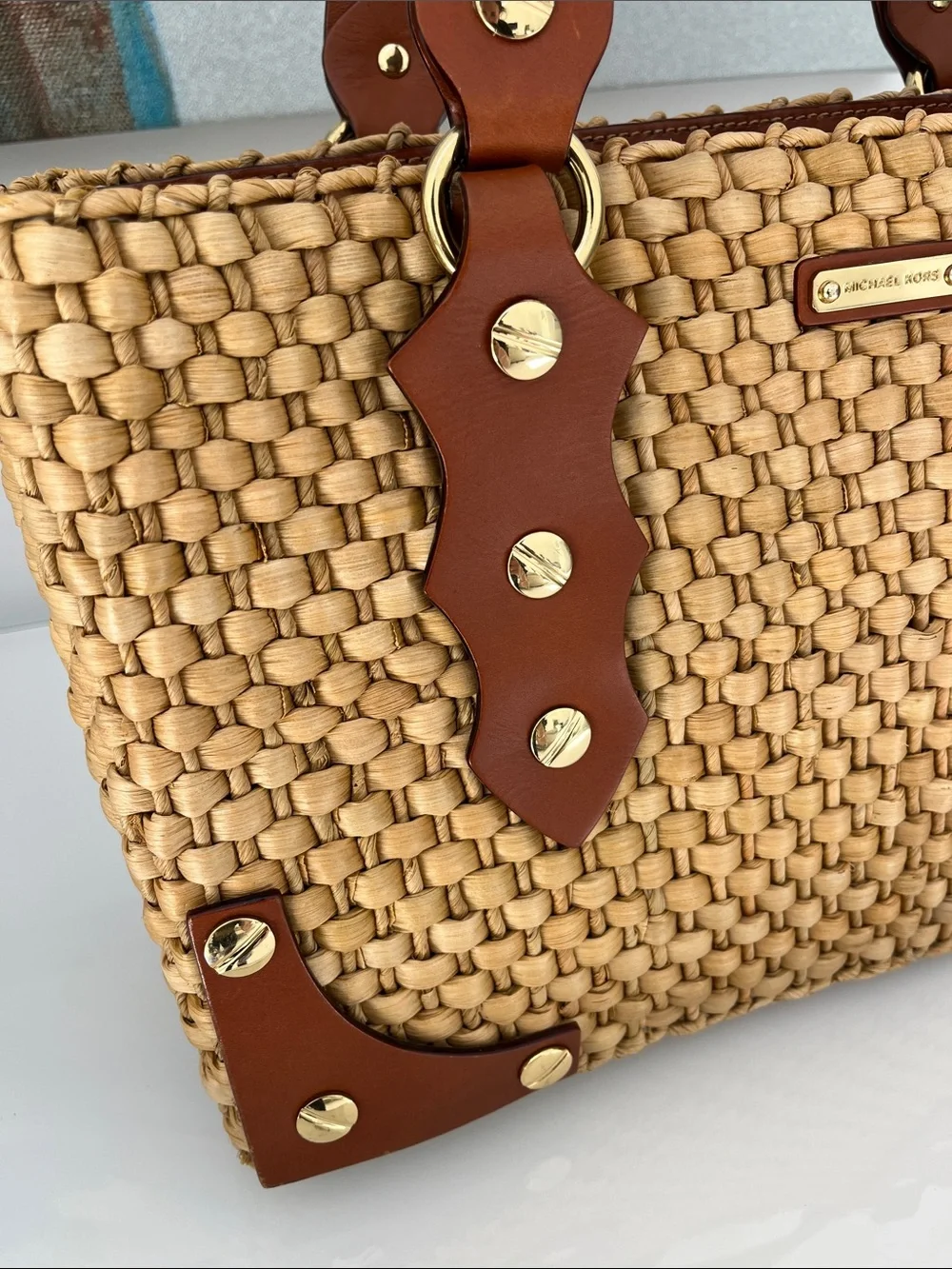 Michael Kors Santorini Leather Rafia Straw Woven Rectangular Straw Shoulder Bag